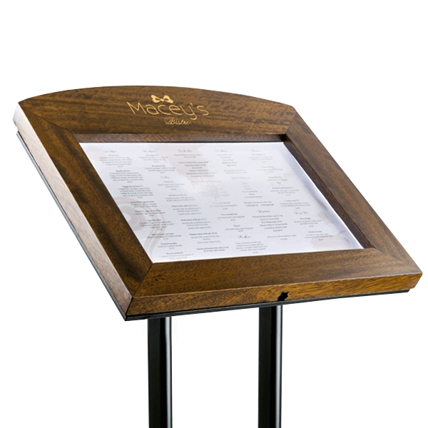 illuminated menu display, wooden menu display, wooden restaurant menu, wooden display case, wooden menu case, standing menu display, restaurant menu display.