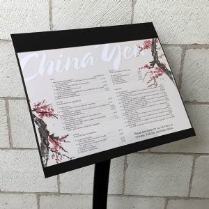 display for menus, standing display, menu case, menu display, metal stand, signs, restaurant display, restaurant sign.