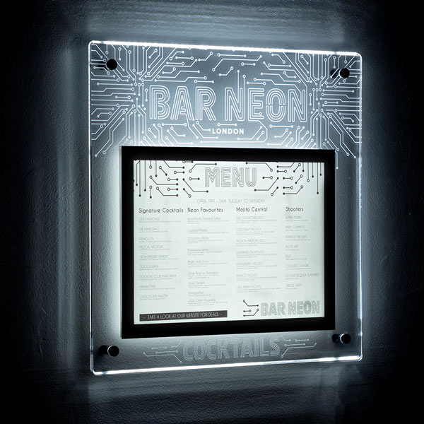 illuminated menu display, restaurant display, restaurant menu display, restaurant wall menu.