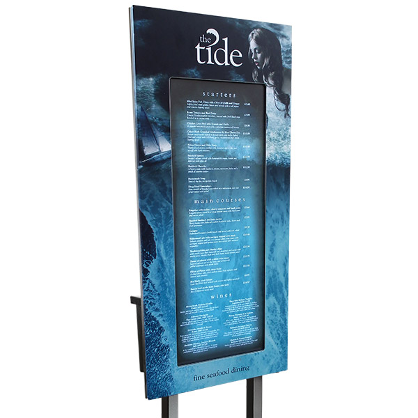 printed menu case, custom menu case, custom display case, unique menu display, printed menu display, custom menu display, restaurant stand.