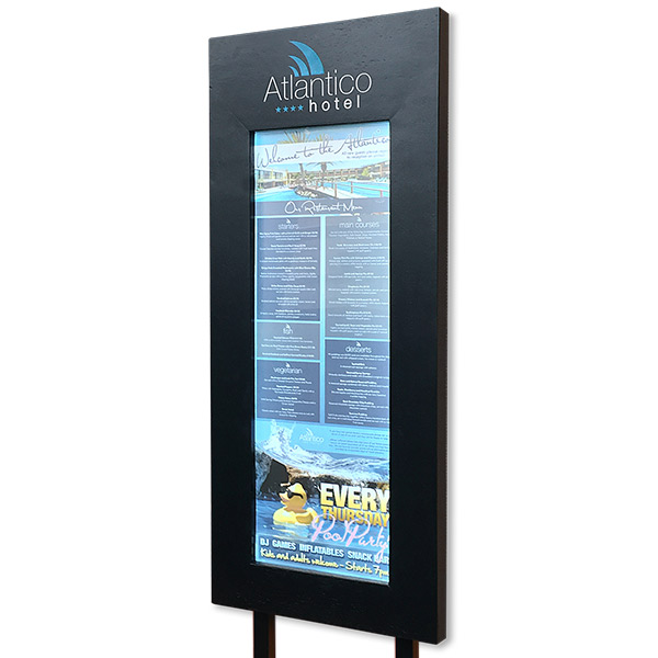 illuminated menu display, wooden menu display, wooden restaurant menu, wooden display case, wooden menu case, standing menu display, restaurant menu display.