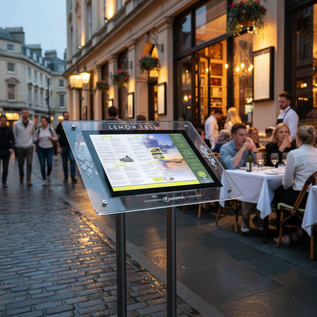 Crystallite floor-standing menu case outside a restaurant