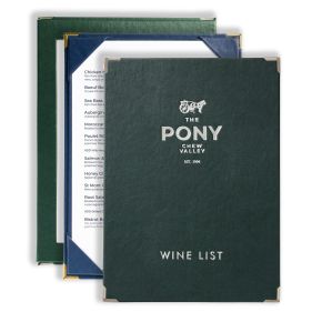 Kensington leather tariff boards in green, navy and gold corner finishes, shown holding a printed price list insert
