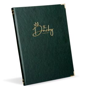 Kensington emerald faux leather menu cover with gold corners and gold foil blocked logo, a leather style restaurant menu holder