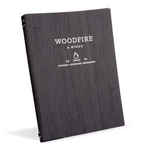 Orchard Light Blue wood effect menu cover with eyelet binding and heat embossed custom logo