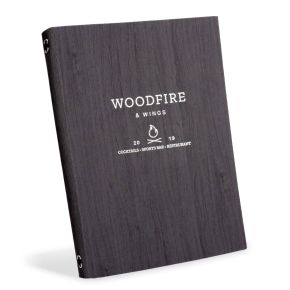 Orchard Graphite wood effect menu cover with silver eyelets and silver foil blocked logo