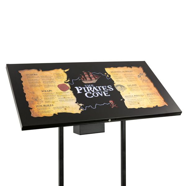 Angled free standing menu display with a full colour pirate themed menu