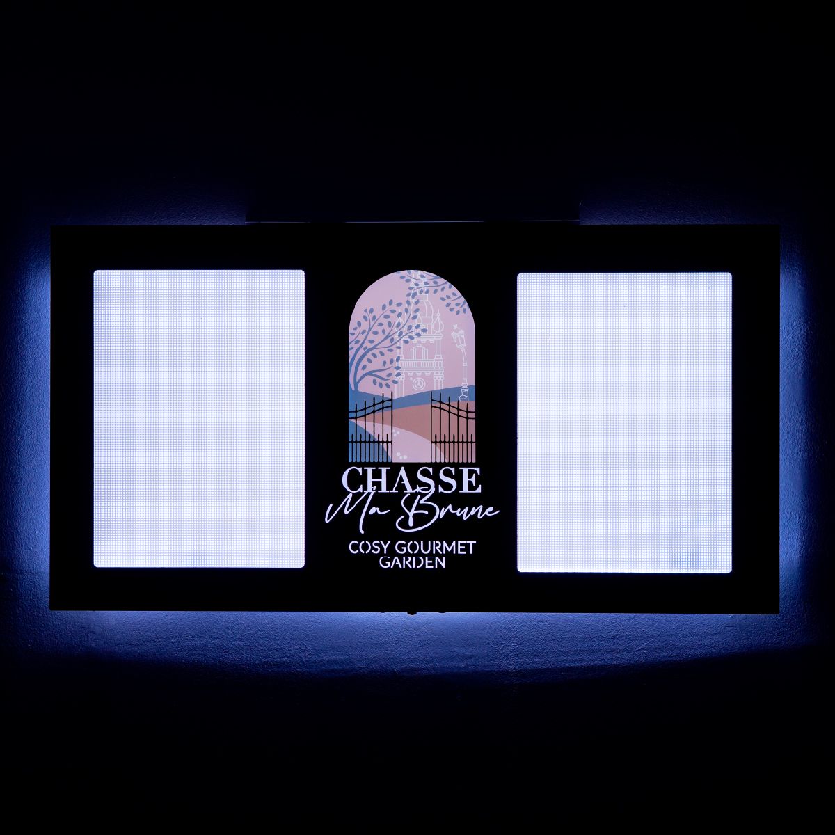 Illuminated wall menu case with a personalised full colour header