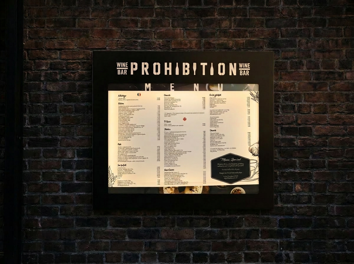 Black wall mounted illuminated menu case with a cutout wine bar logo on a brick wall