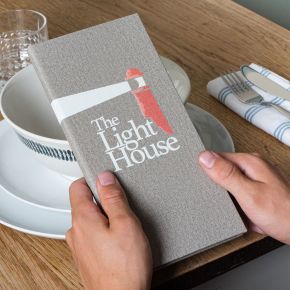 Water resistant fabric folders that can be customised with your own design. Easy wipe clean and available in a range of colours. Available only at Menu Shop