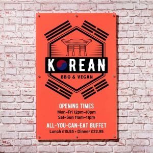 Vibrantly printed sign with Korean BBQ design in bright orange, wall mounted with compact silver metal fixings.