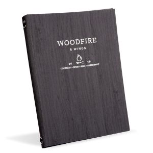 Orchard Light Blue wood effect menu cover with eyelet binding and heat embossed custom logo