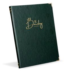 Kensington emerald faux leather menu cover with gold corners and gold foil blocked logo, a leather style restaurant menu holder