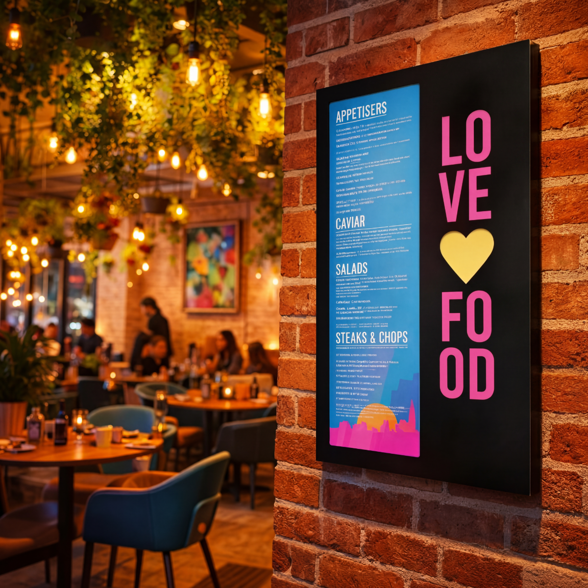 Wall-mounted menu board in a contemporary restaurant
