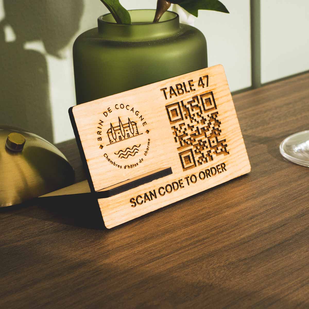 Engraved wooden QR code table stand