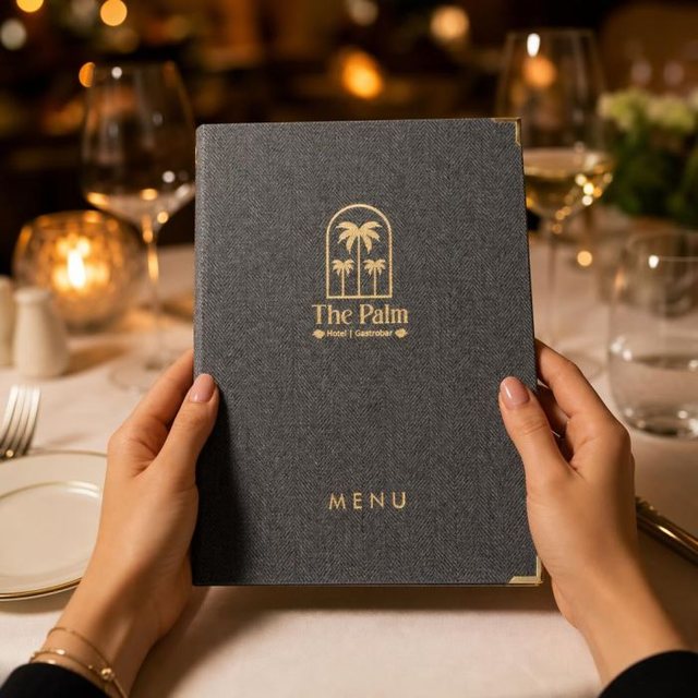 Grey The Palm menu cover with a gold logo